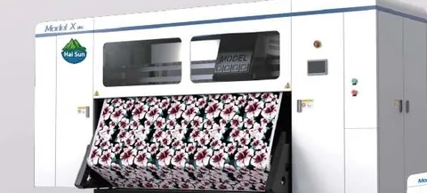 Hai Sun Model X Plus sublimation printer with printed fabric on the deck